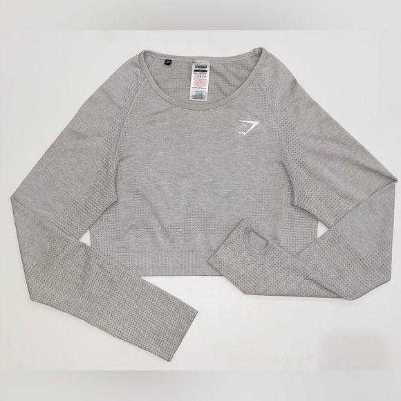 Gymshark Vital Seamless Crop Top workout Long Sleeve Light Grey Athletic Top XL - Picture 1 of 12